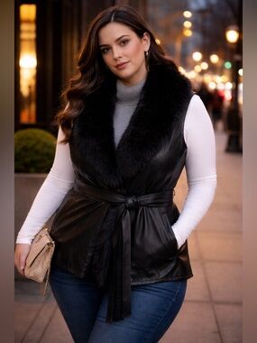 Black Faux Fur Vest Streetwear Adjustable Straps Plus Size 4XL Cozy Winter Layer